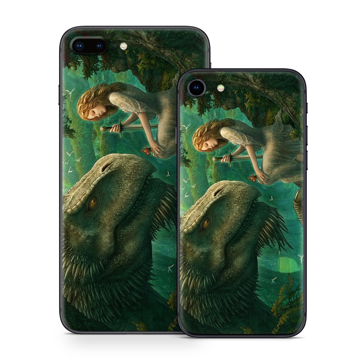 iPhone 8 Series Skin design of Dinosaur, Cg artwork, Mythology, Fictional character, Troodon, Extinction, Velociraptor, Illustration, Animated cartoon, Tyrannosaurus, with black, green, gray, red colors