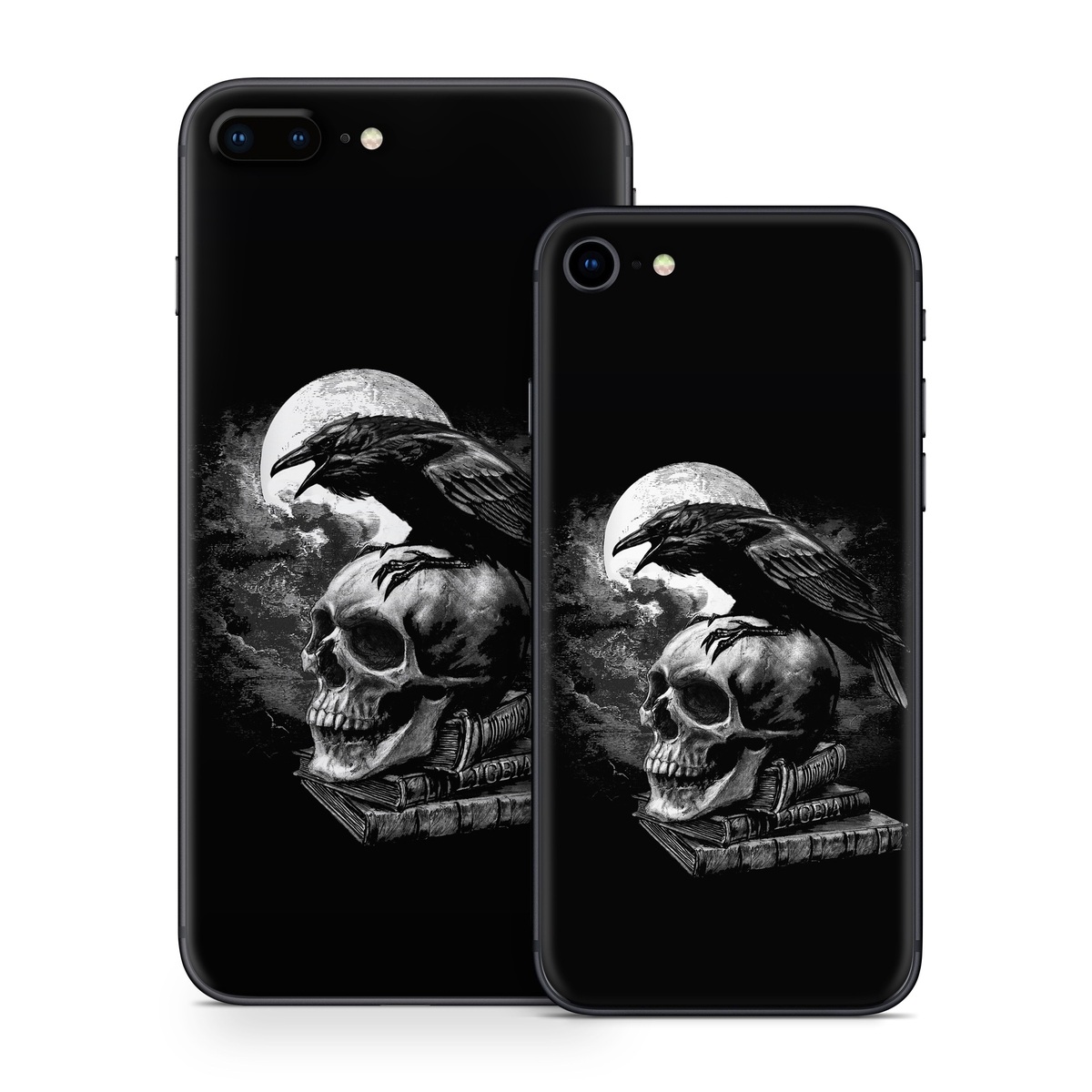 iPhone 8 Series Skin design of Bone, Skull, Bird, Darkness, Monochrome, Wing, Black-and-white, Illustration, Beak, Fictional Character, Drawing, Symbol, with black, white, gray colors
