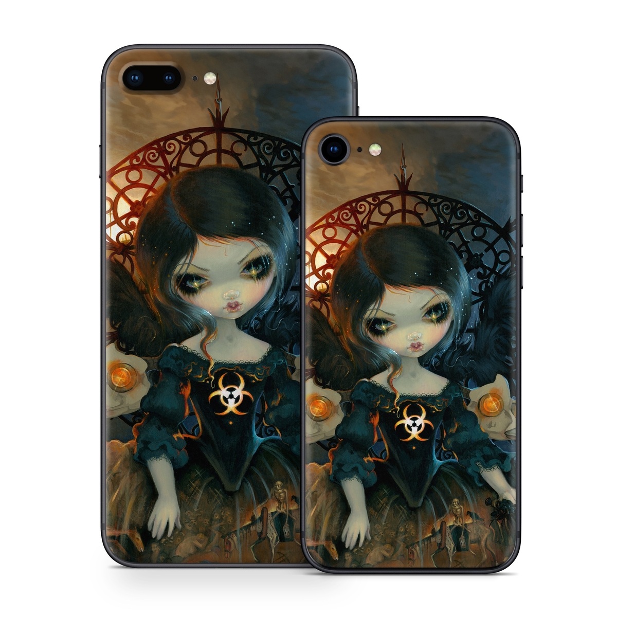 iPhone 8 Series Skin design of Doll, Head, Illustration, Eye, Cg artwork, Fictional character, Toy, Iris, Art, Mythology, with brown, red, black, orange, blue, yellow colors