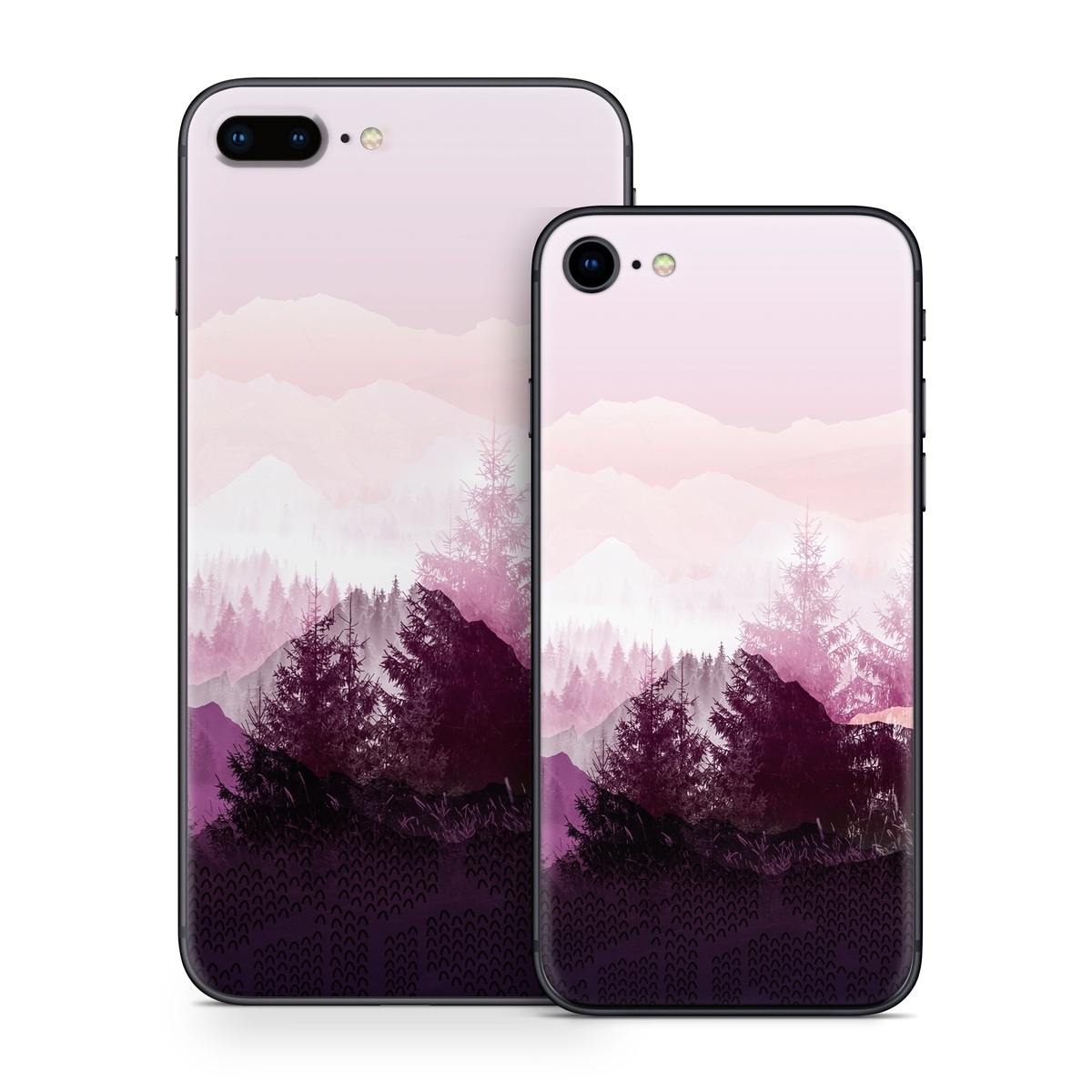 iPhone 8 Series Skin design of Sky, Purple, Atmospheric phenomenon, Pink, Natural landscape, Violet, Mountain, Tree, Morning, Mountain range, with white, purple, black, pink colors