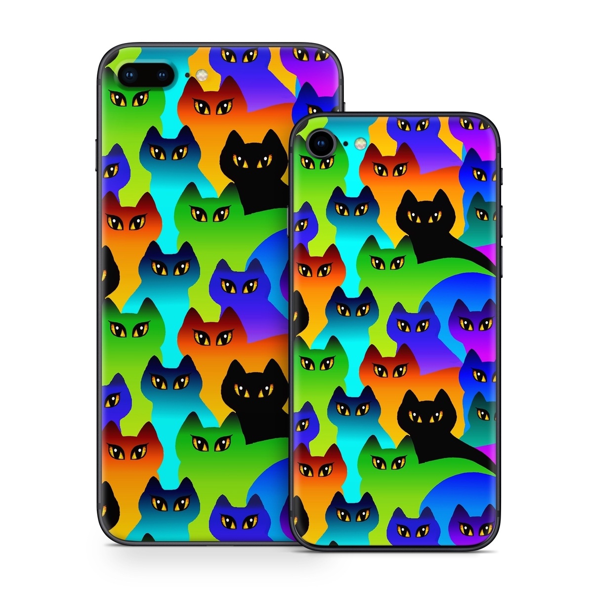 iPhone 8 Series Skin design of Black cat, Purple, Cat, Small to medium-sized cats, Pattern, Design, Felidae, Illustration, Art, with black, blue, green, purple colors