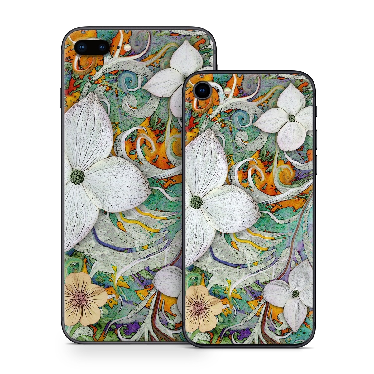 iPhone 8 Series Skin design of Flower, Pattern, Plant, Wildflower, Floral design, Petal, Art, Painting, Visual arts, Wallpaper, with gray, black, green, blue, red colors