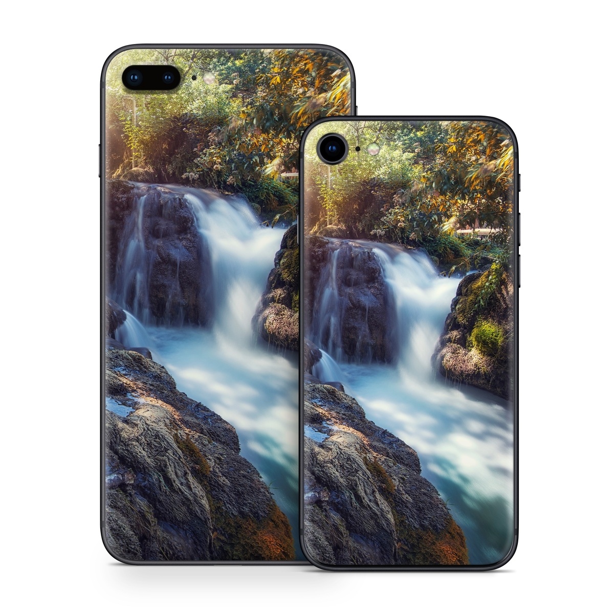 iPhone 8 Series Skin design of Waterfall, Natural landscape, Body of water, Nature, Water resources, Water, Watercourse, Stream, Nature reserve, Rock, with gray, yellow, orange, green, white, blue colors