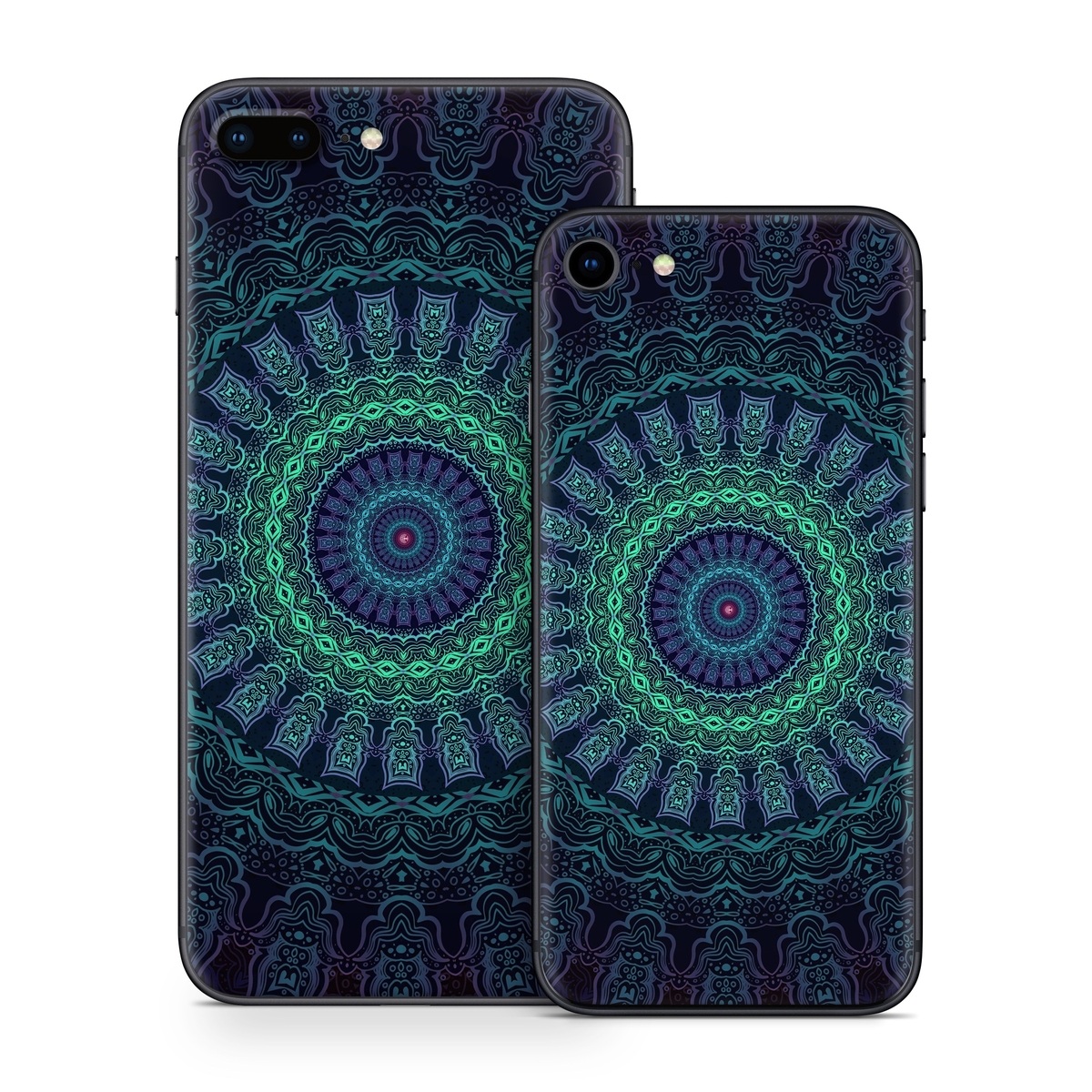 iPhone 8 Series Skin design of Colorfulness, Blue, Green, Pattern, Teal, Turquoise, Art, Electric Blue, Aqua, Circle, Majorelle Blue, Visual Arts, Fractal Art, Design, Symmetry, Psychedelic Art, Graphics, Kaleidoscope, Motif, with black, green, red colors