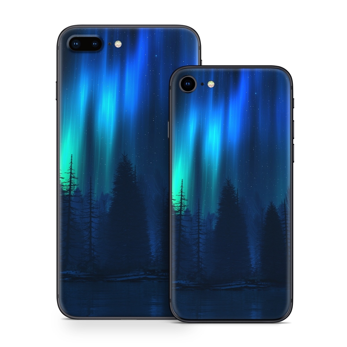 iPhone 8 Series Skin design of Blue, Light, Natural environment, Tree, Sky, Forest, Darkness, Aurora, Night, Electric blue, with black, blue colors