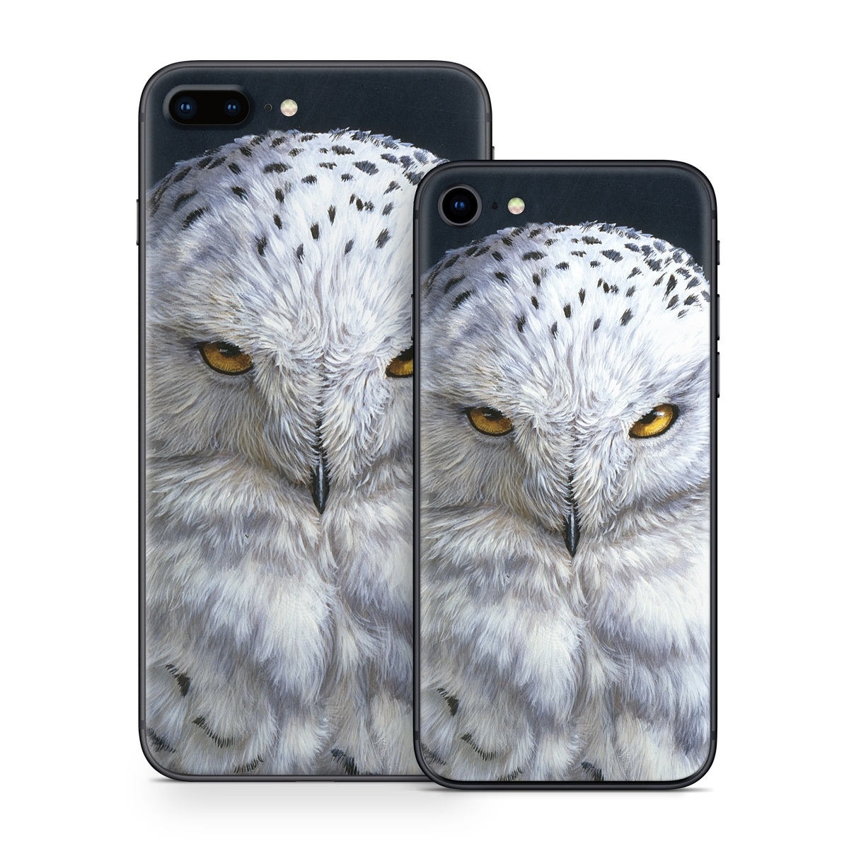 iPhone 8 Series Skin design of Owl, Bird, Bird of prey, Snowy owl, great grey owl, Close-up, Eye, Snout, Wildlife, Eastern Screech owl, with gray, white, black, blue, purple colors
