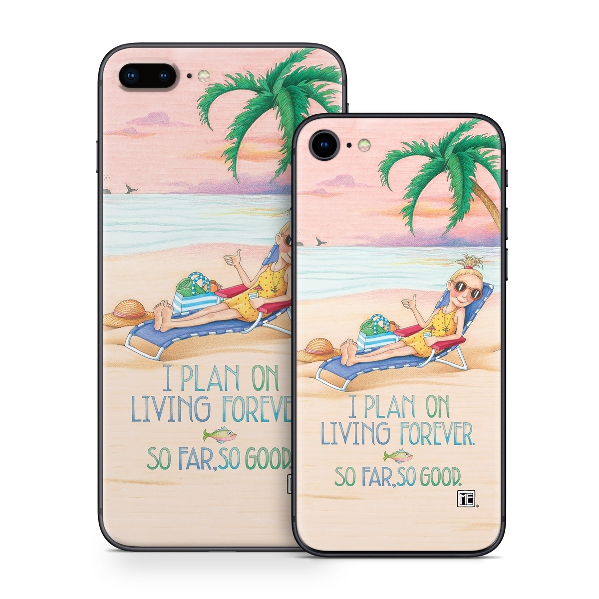 iPhone 8 Series Skin design of Vacation, Product, Summer, Aqua, Illustration, Sun tanning, Fictional character, Caribbean, Graphics, Happy, with pink, green, brown, yellow, blue, white, red colors
