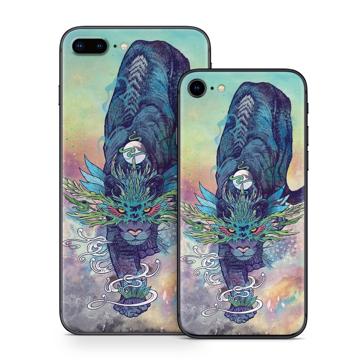 iPhone 8 Series Skin design of Illustration, Fictional character, Graphic design, Demon, Art, Fiction, Cg artwork, Supernatural creature, with blue, green, black, white, yellow, orange, pink, purple colors
