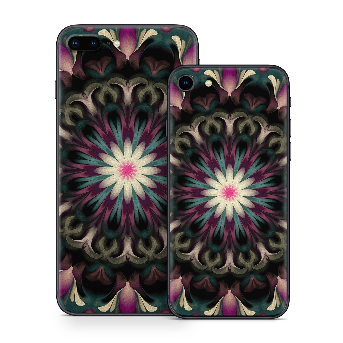 iPhone 8 Series Skin design of Fractal art, Pattern, Pink, Psychedelic art, Art, Kaleidoscope, Design, Symmetry, Visual arts, Textile, with black, purple, white, green, blue colors