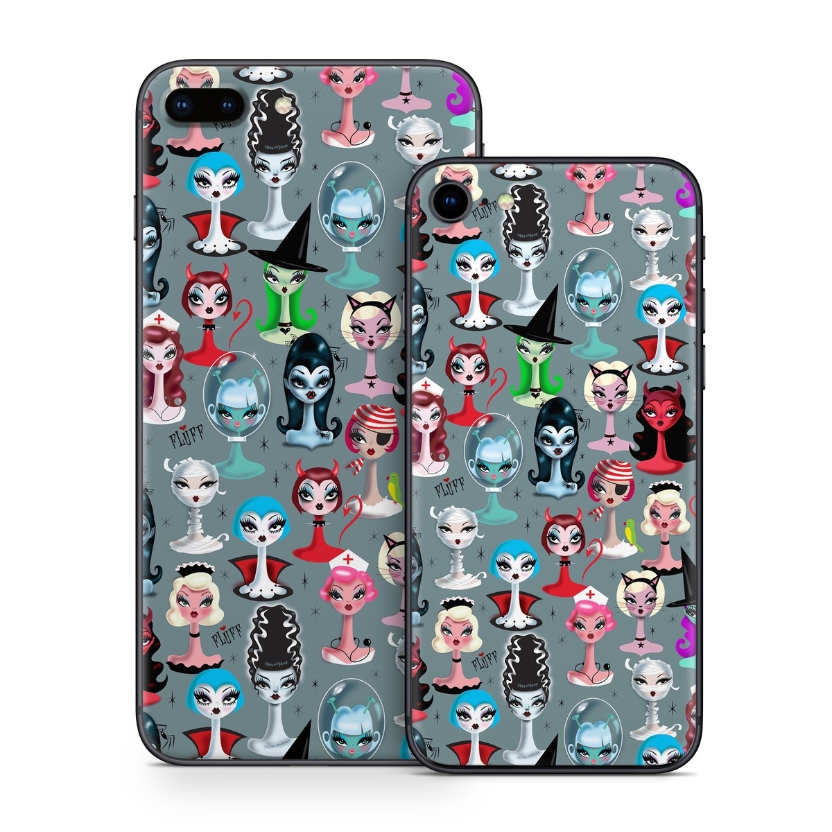 iPhone 8 Series Skin design of Facial expression, Head, Design, Collection, Fictional character, Pattern, Skull, Illustration, Collage, Style, with gray, white, red, blue, green, black, pink, purple colors