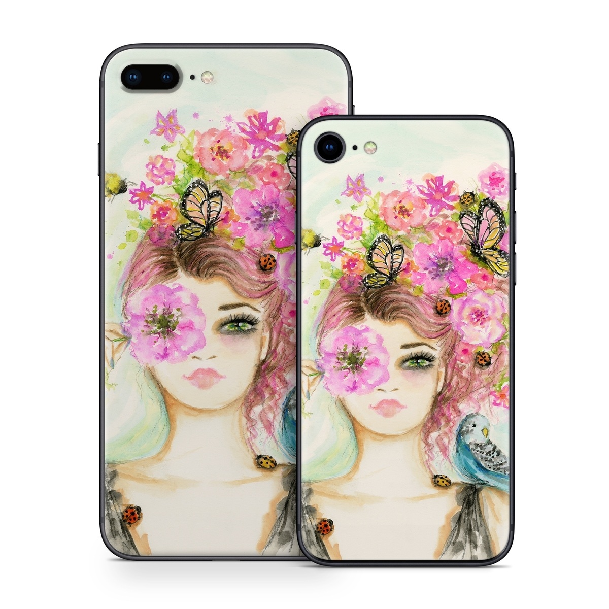 iPhone 8 Series Skin design of Pink, Illustration, Fashion illustration, Watercolor paint, Fictional character, Dress, Hair accessory, Wildflower, Costume, Plant, with blue, pink, yellow, orange, purple, brown, green colors