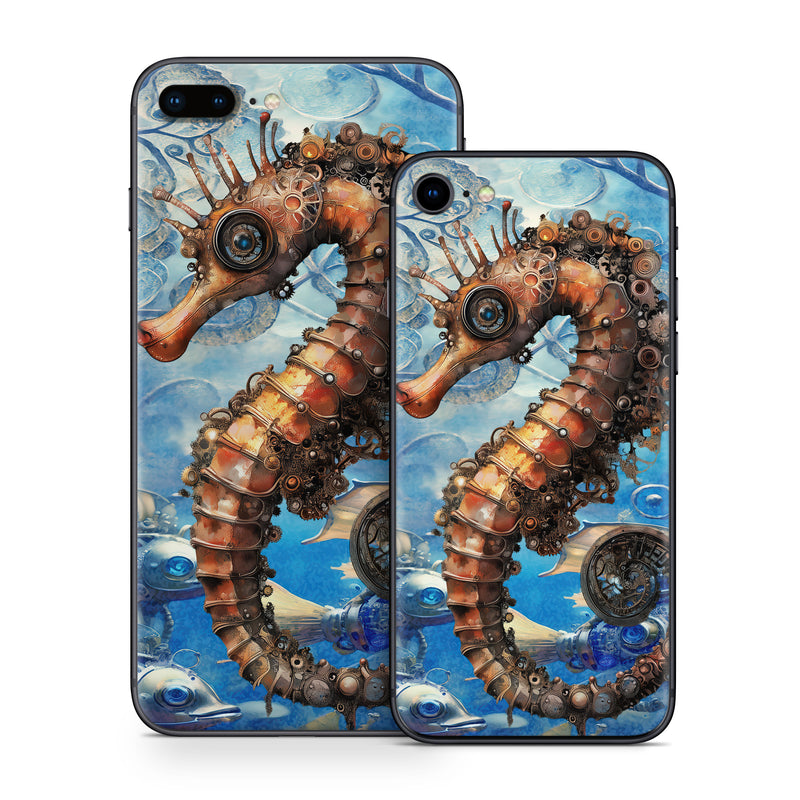 iPhone 8 Series Skin design of Pipefishes and allies, Northern seahorse, Fish, Marine biology, Marine invertebrates, Watercolor painting, Art Paint, Ray-finned fishes, Paint, Modern art, with blue, orange, yellow, gray, white, black, red colors