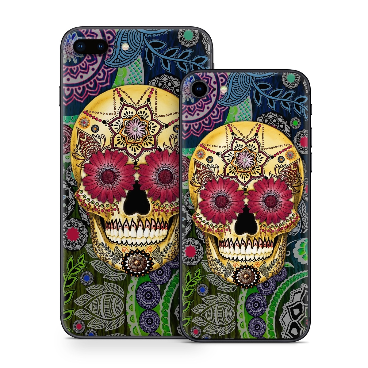 iPhone 8 Series Skin design of Skull, Bone, Pattern, Psychedelic art, Visual arts, Design, Illustration, Art, Textile, Plant, with black, red, gray, green, blue colors