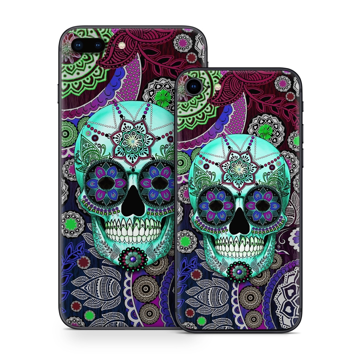 iPhone 8 Series Skin design of Psychedelic art, Pattern, Skull, Purple, Bone, Violet, Design, Visual arts, Art, Magenta, with blue, green, purple, red, green, pink colors