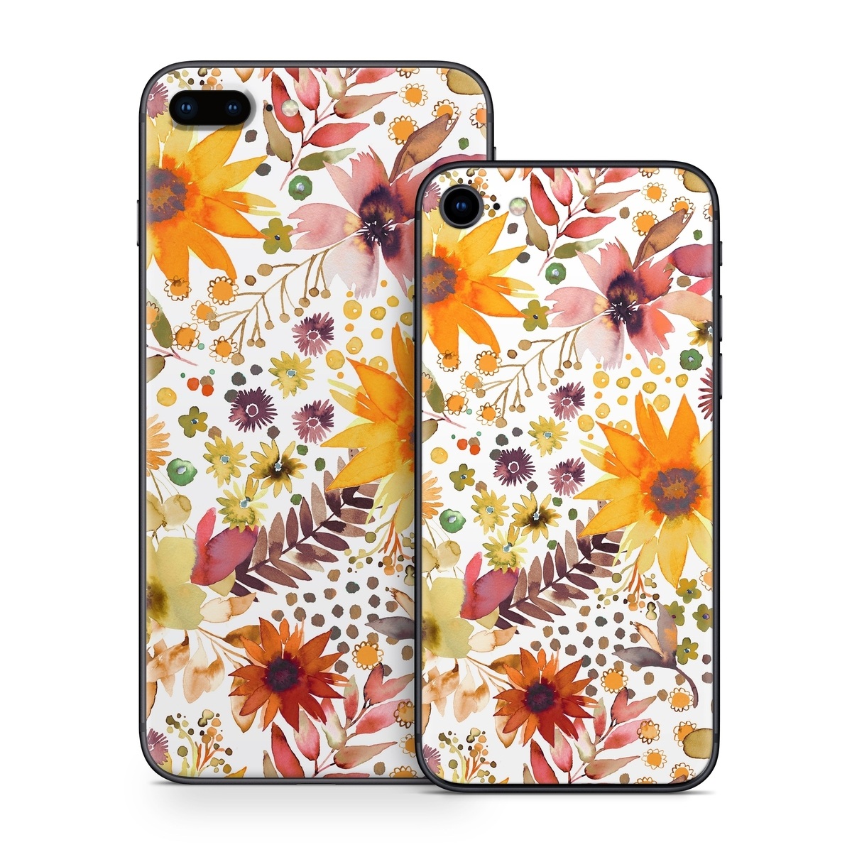 iPhone 8 Series Skin design of Flower, Plant, Petal, Botany, Textile, Orange, Line, Groundcover, Creative arts, Flowering plant, with white, yellow, pink, green, brown, orange colors