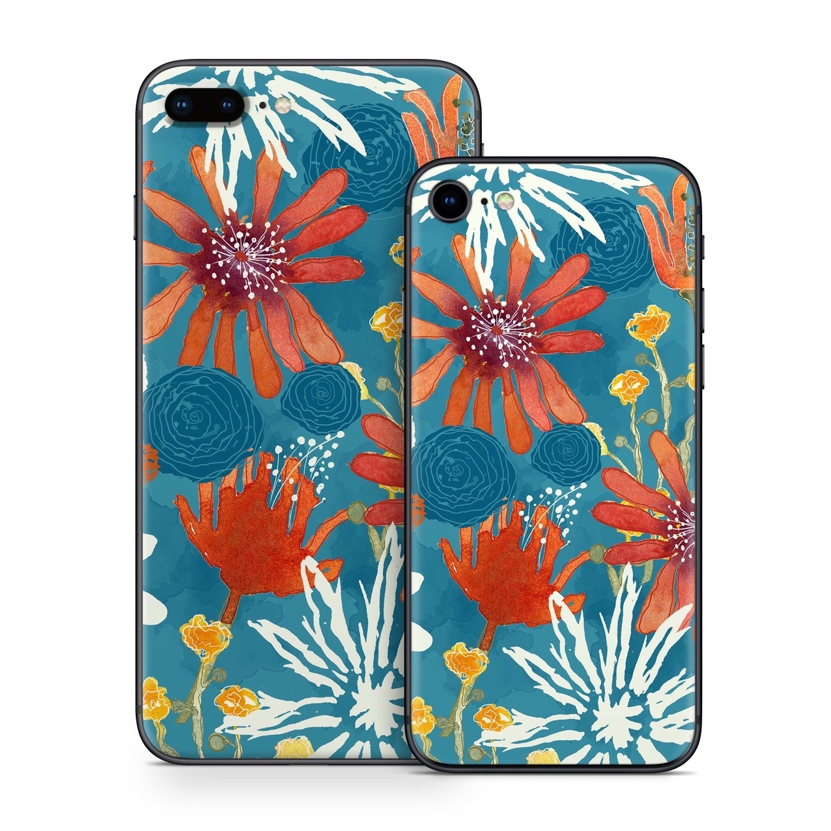 iPhone 8 Series Skin design of Pattern, Visual arts, Wrapping paper, Design, Wildflower, Floral design, Textile, Flower, Plant, Motif, with blue, red, gray, yellow, green colors