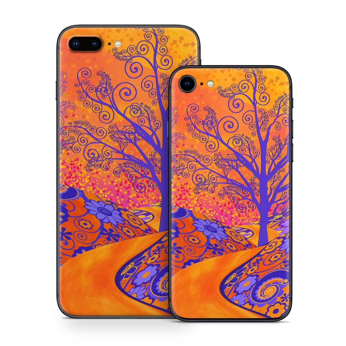 iPhone 8 Series Skin design of Blue, Orange, Art, Acrylic paint, Modern art, Pattern, Visual arts, Painting, Majorelle blue, Psychedelic art, with orange, yellow, red, purple colors