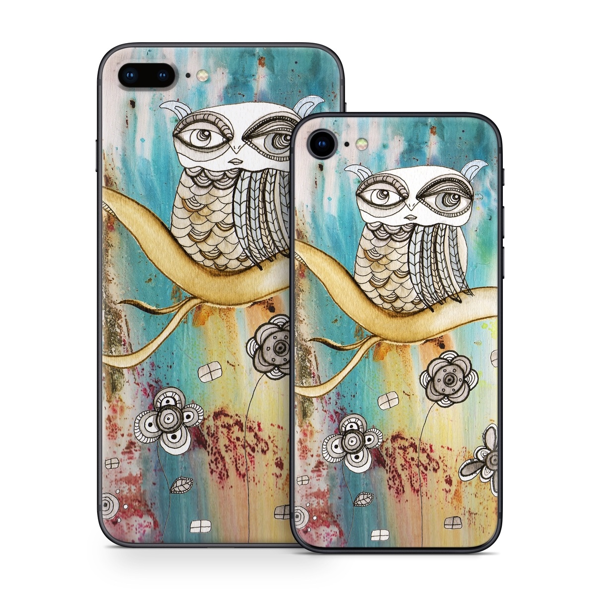 iPhone 8 Series Skin design of Owl, Pink, Illustration, Art, Visual arts, Watercolor paint, Organism, Modern art, Graphic design, Pattern, with gray, red, green, black, blue, purple colors