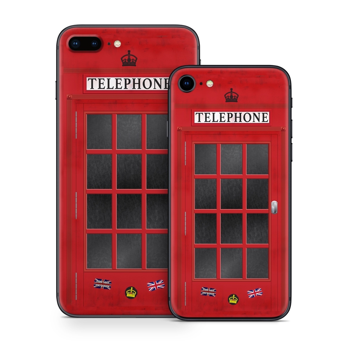 iPhone 8 Series Skin design of Red, Font, Building, Telephone Booth, Facade, with red, black, gray, white, blue, yellow colors