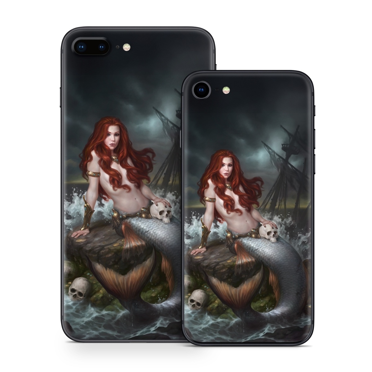 iPhone 8 Series Skin design of Mermaid, Cg artwork, Illustration, Fictional character, Mythology, Mythical creature, Art, Long hair, Woman warrior, Sitting, with black, brown, red, yellow, white, gray colors
