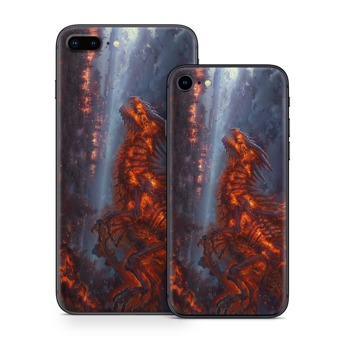 iPhone 8 Series Skin design of Geological phenomenon, Dragon, Cg artwork, Sky, Flame, Fictional character, Mythology, Lava, Demon, Heat, with red, blue, black colors