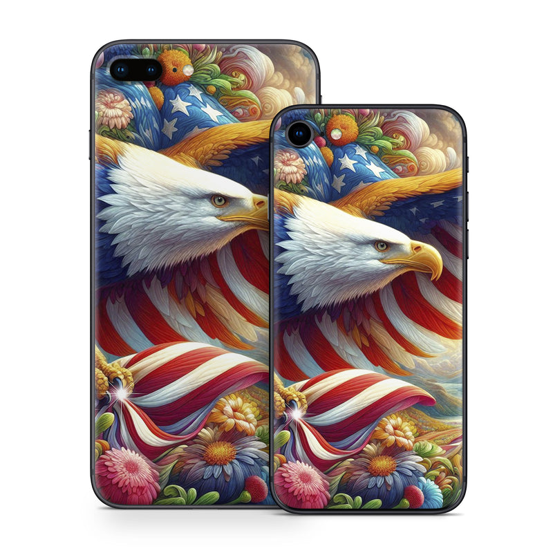 iPhone 8 Series Skin design of Bird, Accipitridae, Beak, Wing, Bald eagle, Bird of prey, Eagle, Flag of the United States, Accipitriformes, Painting, with red, blue, white, yellow, orange, brown, green, gray colors