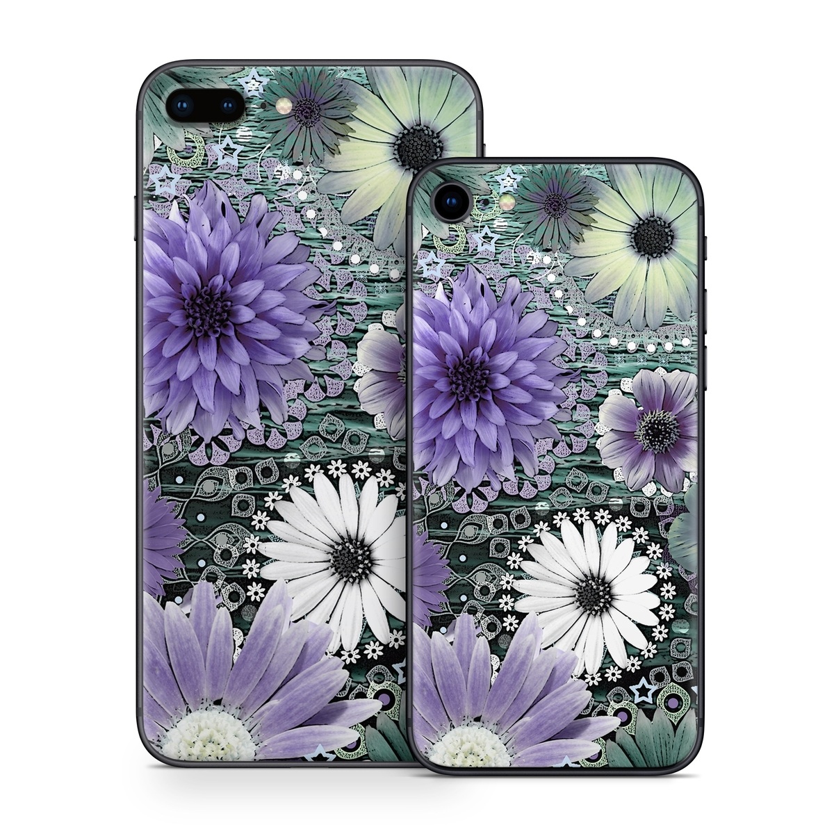 iPhone 8 Series Skin design of Purple, Flower, african daisy, Pericallis, Plant, Violet, Lavender, Botany, Petal, Pattern, with gray, black, blue, purple, white colors