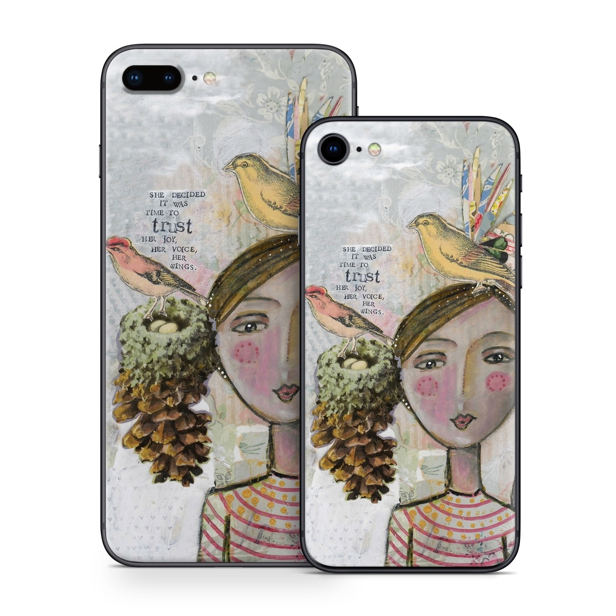 iPhone 8 Series Skin design of Watercolor paint, Illustration, Art, Painting, Child art, Fictional character, Visual arts, Fashion illustration, Feather, Drawing, with gray, brown, pink, yellow, red, green, blue colors