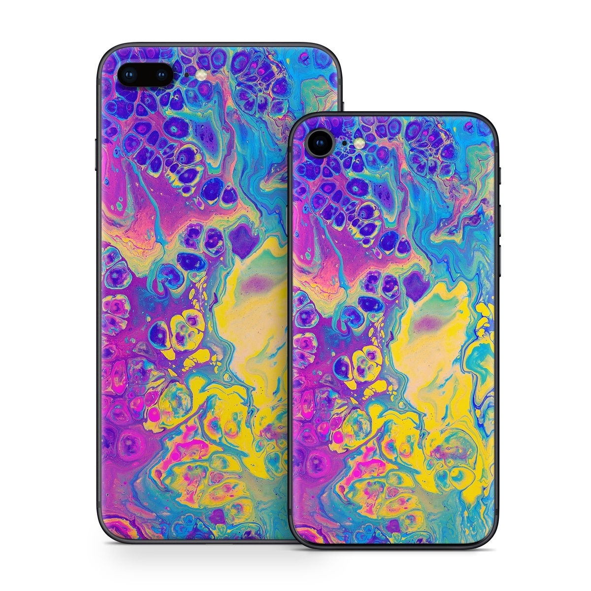 iPhone 8 Series Skin design of Psychedelic art, Pattern, Purple, Visual arts, Design, Art, Fractal art, Electric blue, Graphic design, Graphics, with blue, yellow, purple, pink colors
