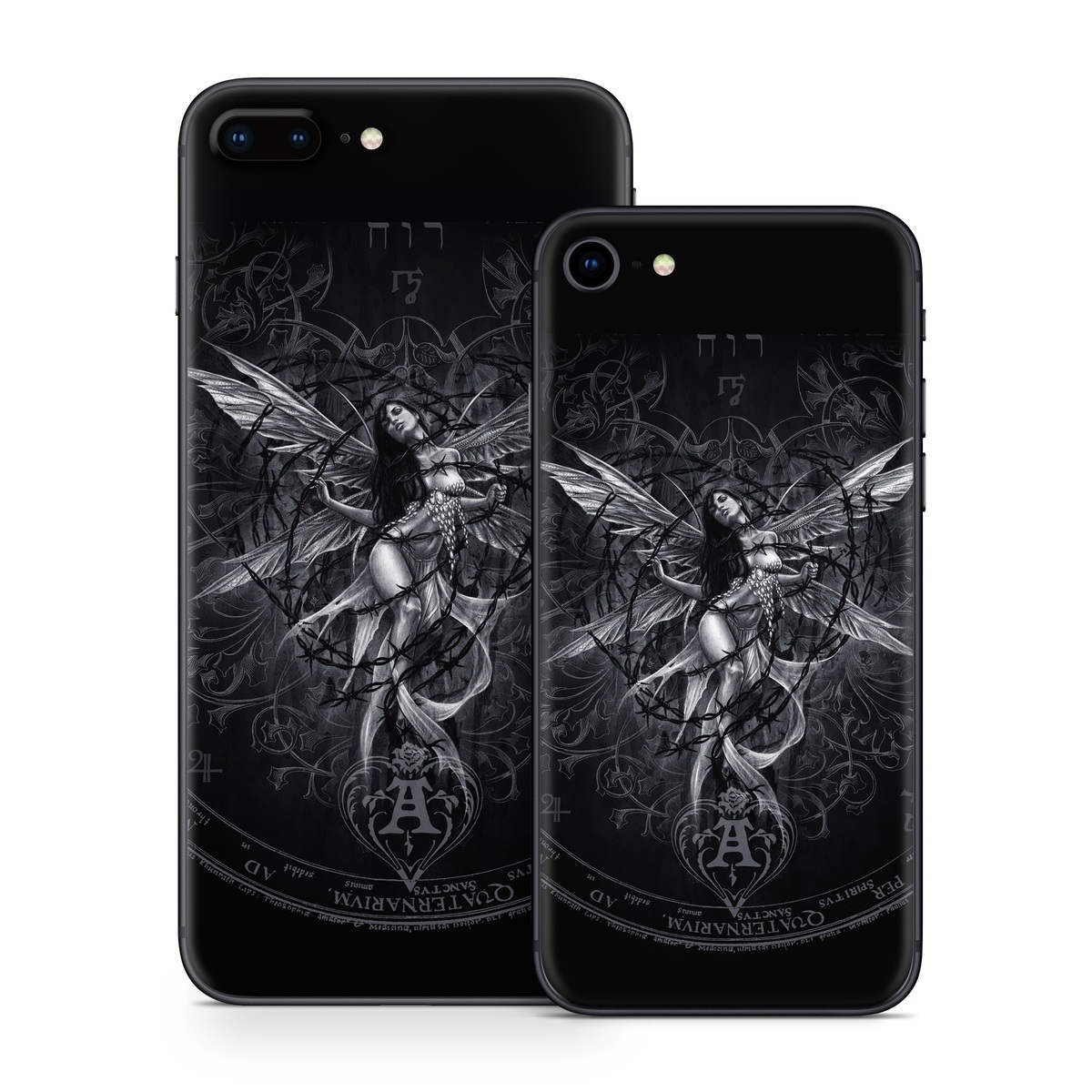 iPhone 8 Series Skin design of Illustration, Graphic design, Darkness, Fictional character, Black-and-white, Pattern, Graphics, Mythical creature, Circle, Wing, with black, white colors