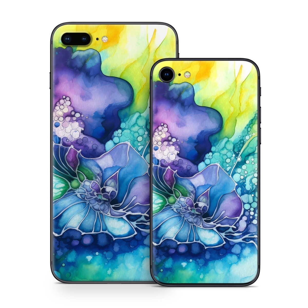 iPhone 8 Series Skin design of Flower, Plant, Art paint, Petal, Blue, Azure, Purple, Art, Paint, Painting, with blue, yellow, green, purple, white, orange colors