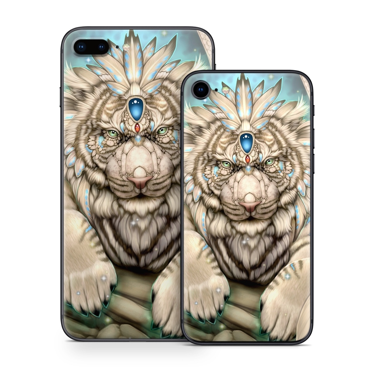iPhone 8 Series Skin design of Mythical creature, Sleeve, Textile, Gesture, Felidae, Tattoo, Big cats, Font, Temporary tattoo, Painting, with white, blue, black, gray colors