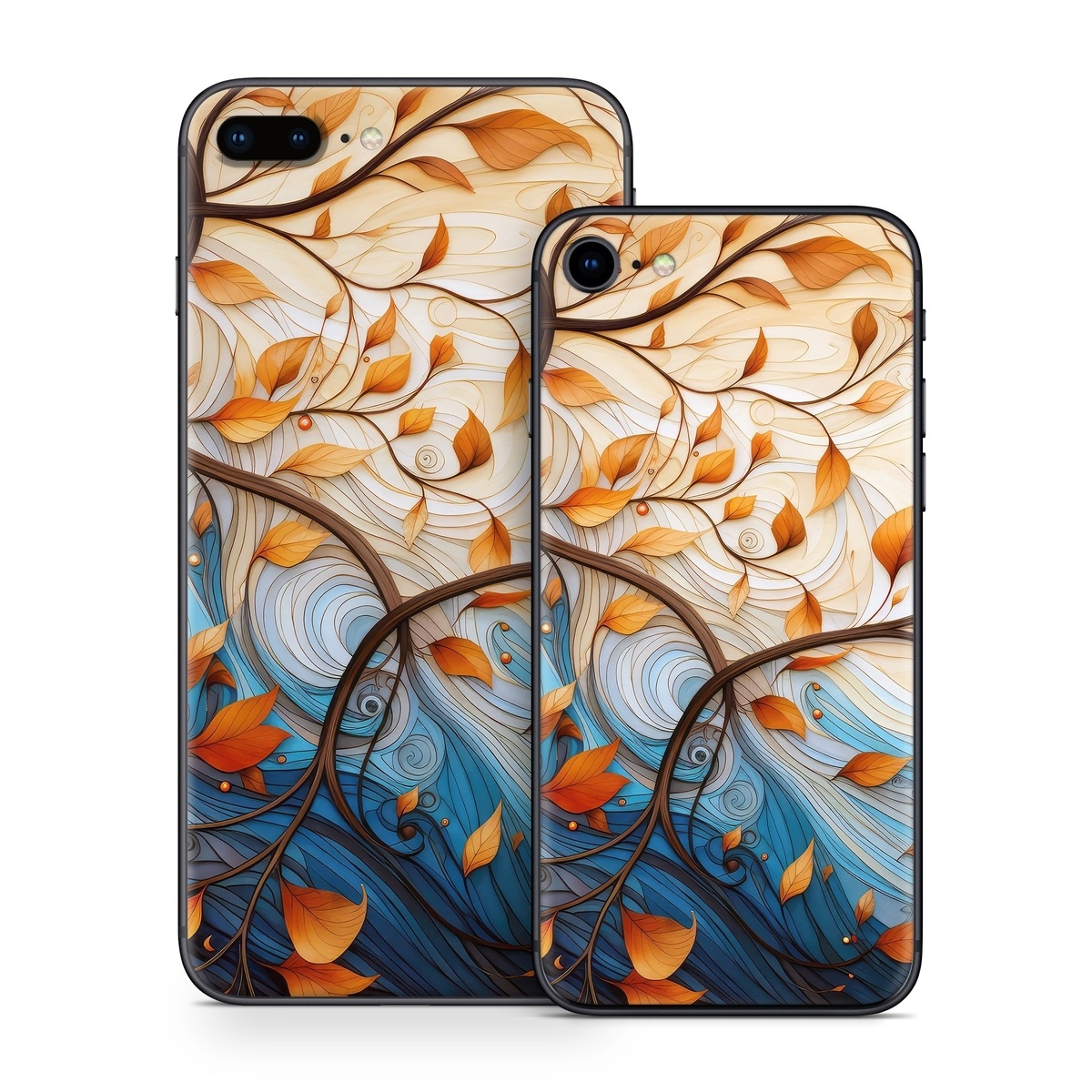 iPhone 8 Series Skin design of Dishware, Orange, Textile, Sleeve, Serveware, Petal, Pattern, Porcelain, Electric blue, Art, with yellow, orange, red, white, blue, brown colors