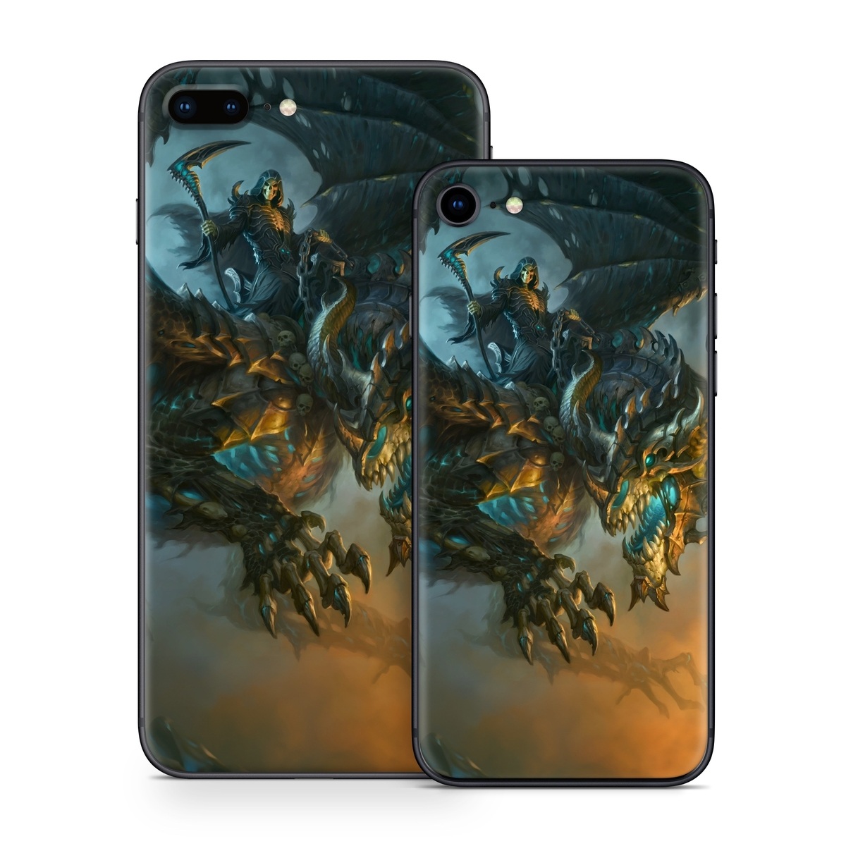iPhone 8 Series Skin design of Dragon, Cg artwork, Fictional character, Mythical creature, Demon, Mythology, Illustration, Cryptid, Art, with orange, yellow, black, brown, blue, white colors