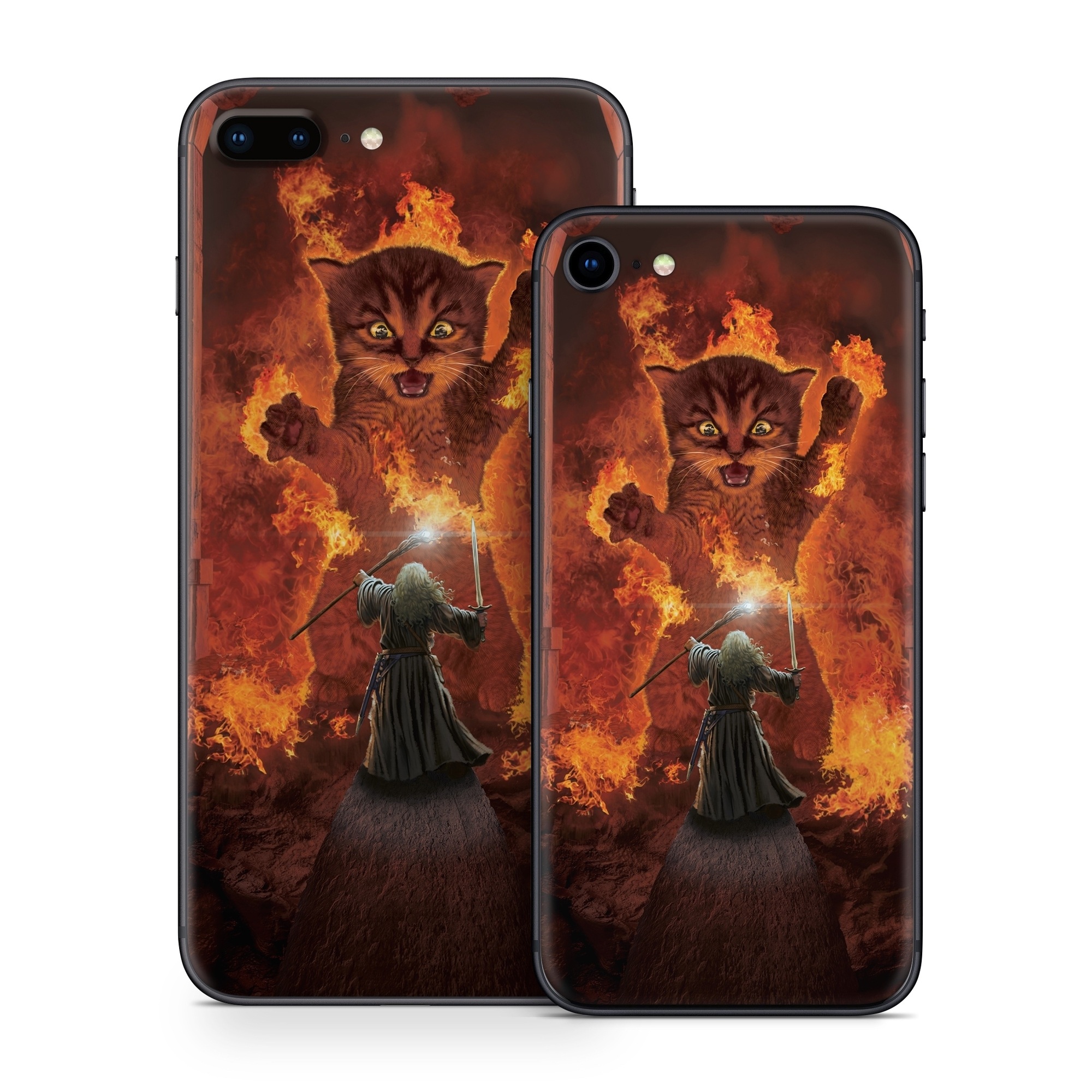 iPhone 8 Series Skin design of Cartoon, Art, Carnivore, Cg artwork, Felidae, Supernatural creature, Big cats, Heat, Fictional character, Darkness, with black, red, white, gray, yellow colors