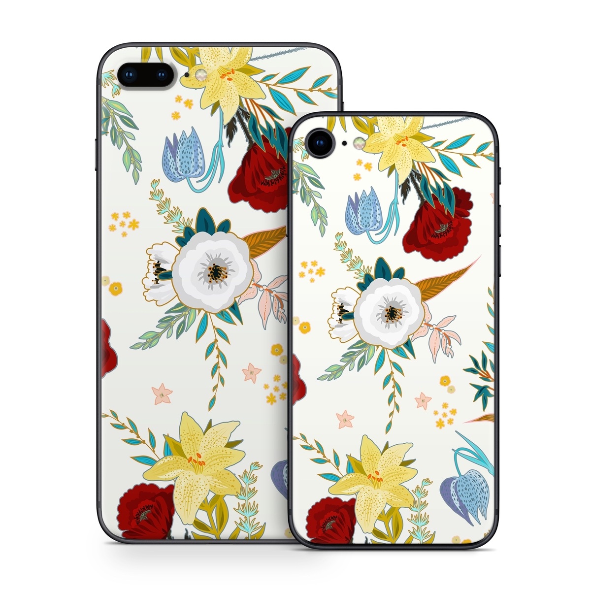 iPhone 8 Skin design of Floral design, Pattern, Wrapping paper, Botany, Design, Flower, Wallpaper, Plant, Clip art, Pedicel, with white, blue, red, yellow, pink, orange colors