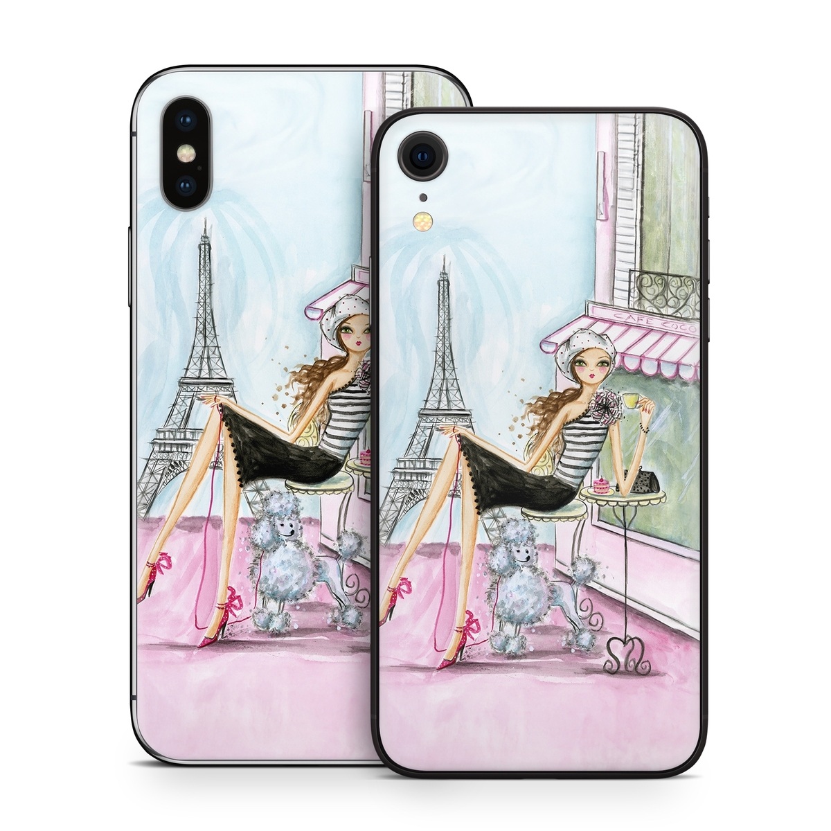 iPhone XS Skin design of Pink, Illustration, Sitting, Konghou, Watercolor paint, Fashion illustration, Art, Drawing, Style, with gray, purple, blue, black, pink colors