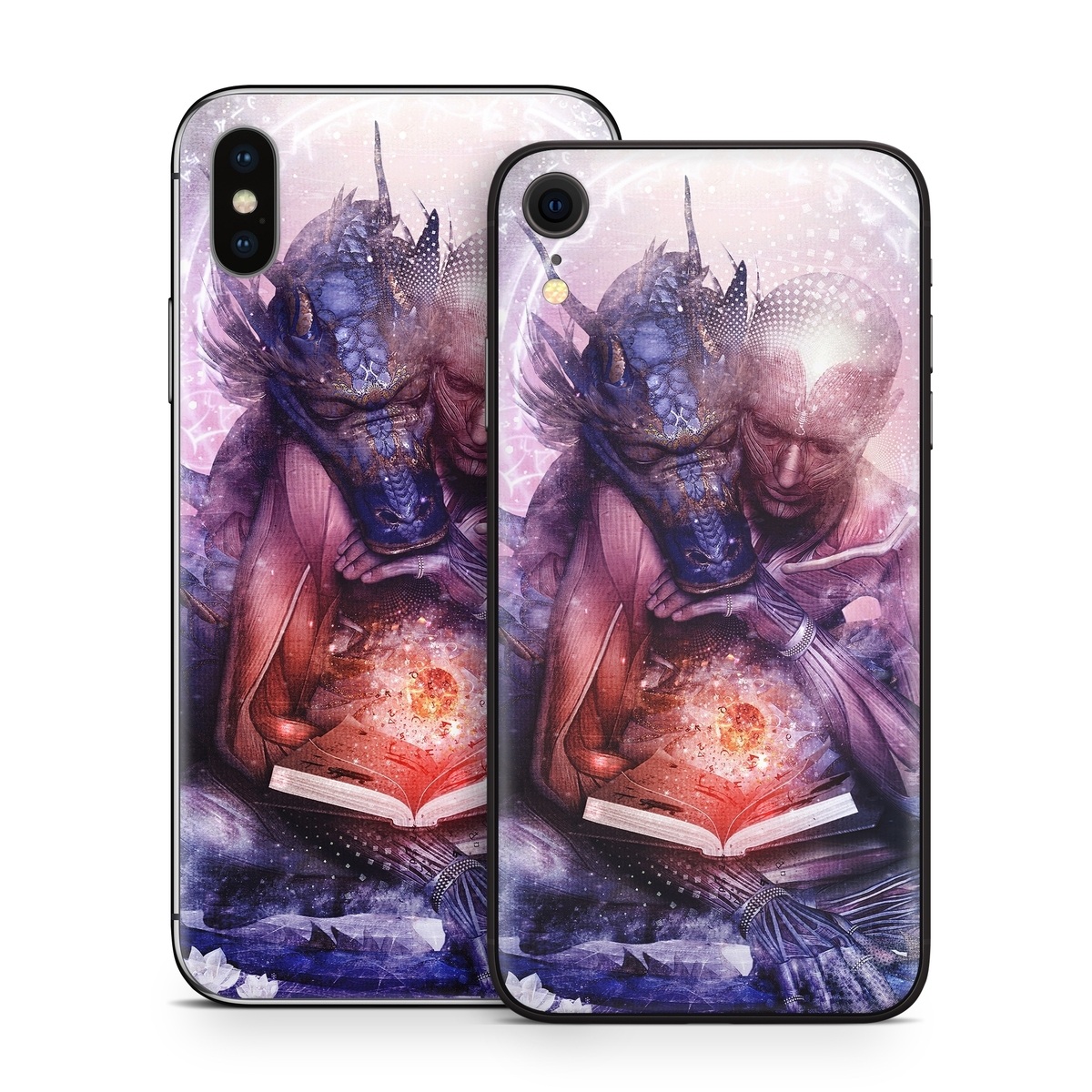 iPhone XS Skin design of Cg artwork, Illustration, Graphic design, Fictional character, Mythology, Graphics, Space, Art, Darkness, with blue, black, red, yellow, white colors