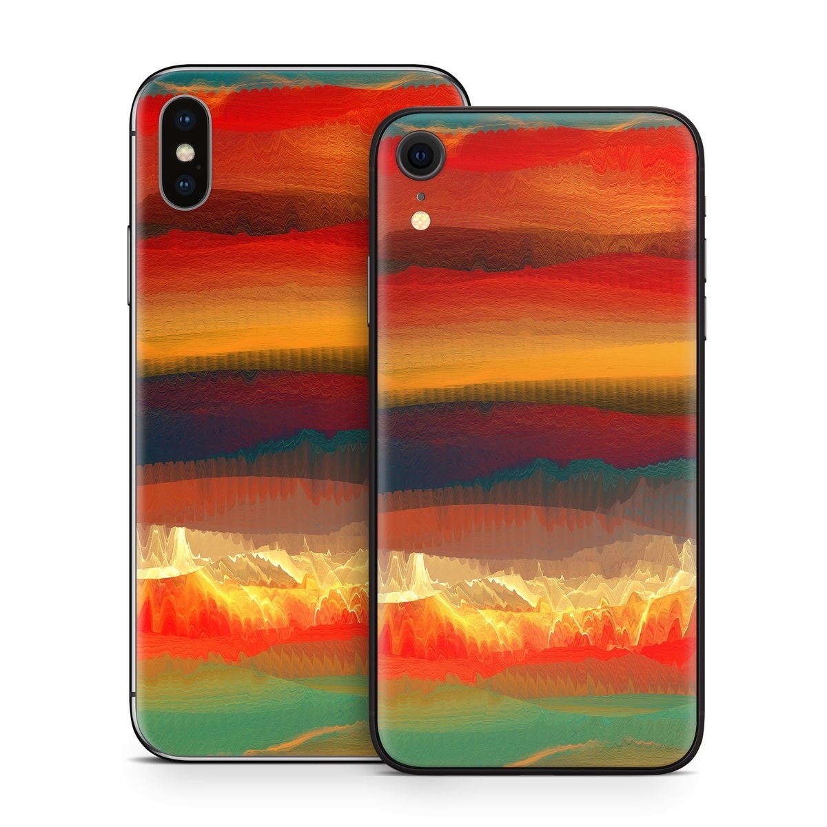 iPhone XS Skin design of Sky, Red, Horizon, Afterglow, Orange, Painting, Acrylic paint, Watercolor paint, Sunset, Geological phenomenon, with red, blue, green, yellow, orange, white colors