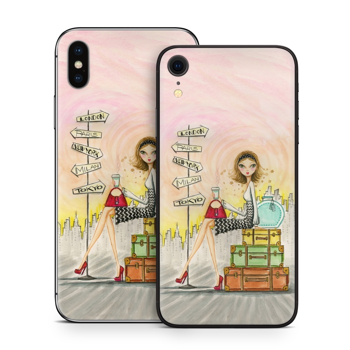 iPhone XS Skin design of Cartoon, Illustration, Art, Watercolor paint with gray, pink, green, red, black colors
