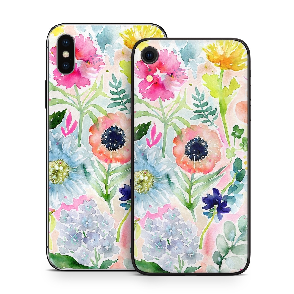 iPhone XS Skin design of Flower, Watercolor paint, Plant, Flowering plant, Pattern, Floral design, Botany, Petal, Wildflower, Design, with green, pink, yellow, orange, blue, red, purple colors