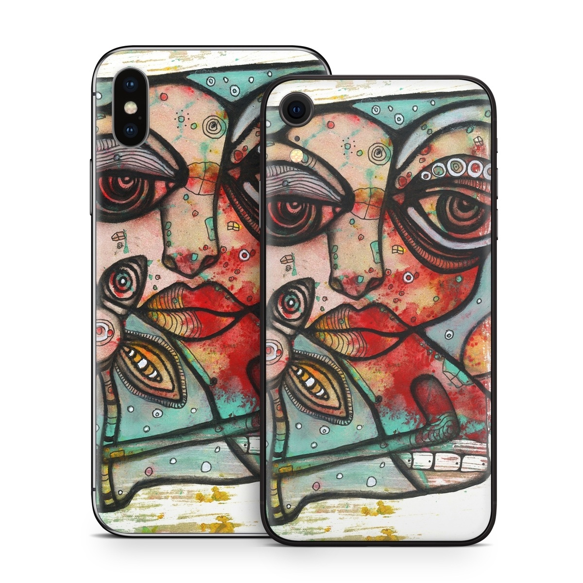 iPhone XS Skin design of Modern art, Art, Painting, Illustration, Visual arts, Psychedelic art, Acrylic paint, Watercolor paint, Graffiti, Drawing with gray, black, red, green, blue, white colors