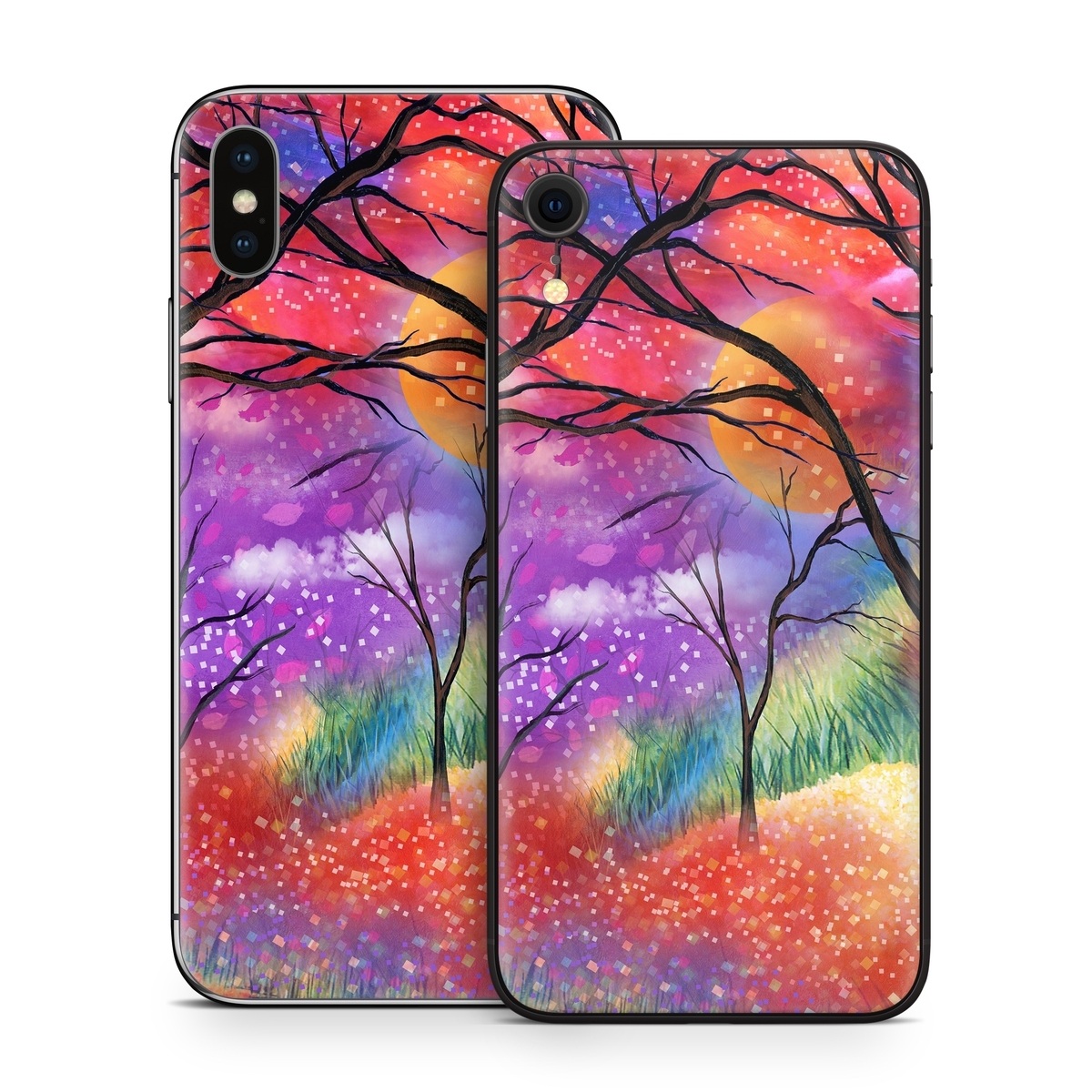 iPhone XS Skin design of Nature, Tree, Natural landscape, Painting, Watercolor paint, Branch, Acrylic paint, Purple, Modern art, Leaf, with red, purple, black, gray, green, blue colors