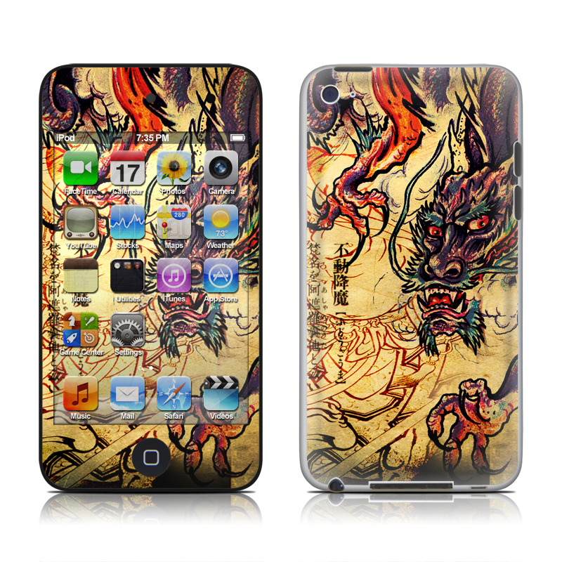 iPod touch 4th Gen Skin design of Illustration, Fictional character, Art, Demon, Drawing, Visual arts, Dragon, Supernatural creature, Mythical creature, Mythology, with black, green, red, gray, pink, orange colors