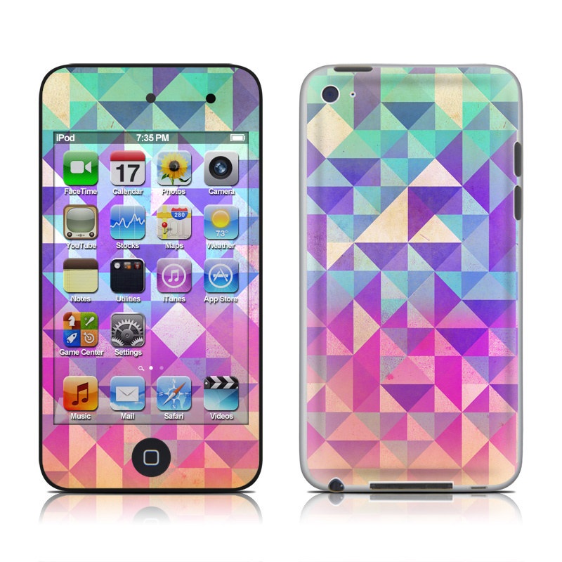 iPod touch 4th Gen Skin design of Pattern, Purple, Triangle, Violet, Magenta, Line, Design, Symmetry, Psychedelic art, with gray, purple, green, blue, pink colors