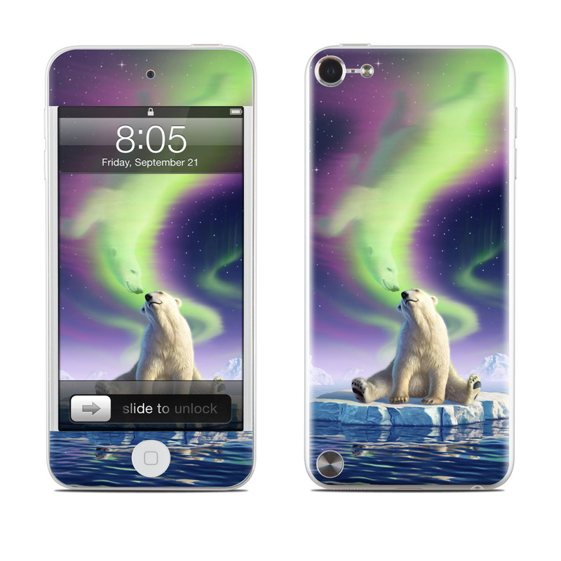 iPod touch 5th Gen Skin design of Aurora, Sky, Wildlife, Polar bear, Fictional character, with white, blue, green, purple colors