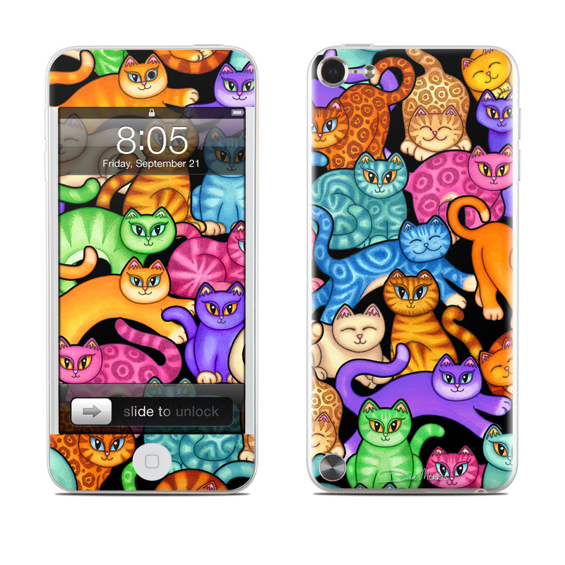 iPod touch 5th Gen Skin design of Cat, Cartoon, Felidae, Organism, Small to medium-sized cats, Illustration, Animated cartoon, Wildlife, Kitten, Art, with black, blue, red, purple, green, brown colors