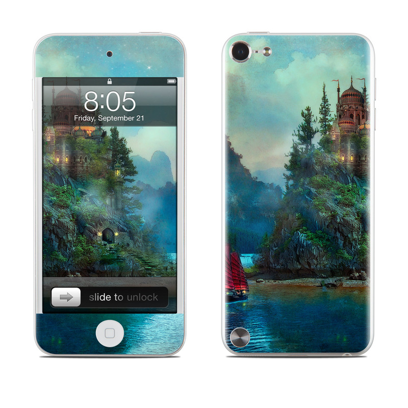 iPod touch 5th Gen Skin design of Nature, Natural landscape, Sky, Painting, Landscape, Illustration, Watercolor paint, Art, Calm, Water castle, with black, gray, blue, green colors