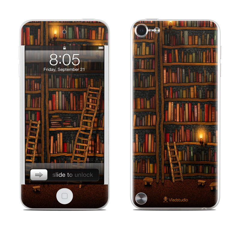 iPod touch 5th Gen Skin design of Shelving, Library, Bookcase, Shelf, Furniture, Book, Building, Publication, Room, Darkness, with black, red colors