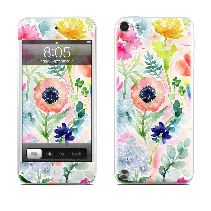 iPod touch 5th Gen Skin design of Flower, Watercolor paint, Plant, Flowering plant, Pattern, Floral design, Botany, Petal, Wildflower, Design, with green, pink, yellow, orange, blue, red, purple colors